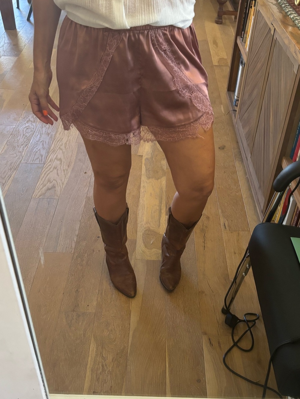 Topshop Dusty Rose Satin Lace-Trim Athletic Shorts
